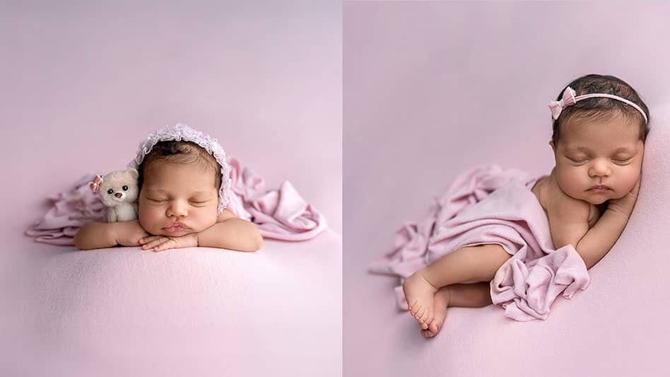 newborn-shooting-slide-1-kontaktaufnahme Süßes Baby liegt auf dem Rücken in einem niedlichen Kostüm auf pinkem Hintergrund