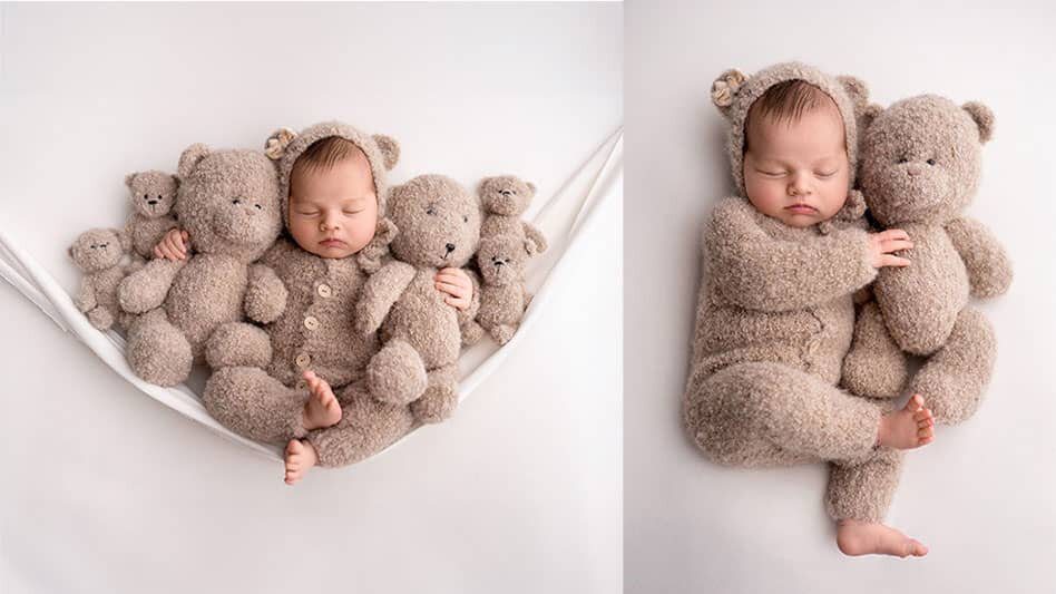 newborn-shooting-slide-2-fotoshooting Süßes Baby liegt auf dem Rücken in einem niedlichen Kostüm auf beigem Hintergrund