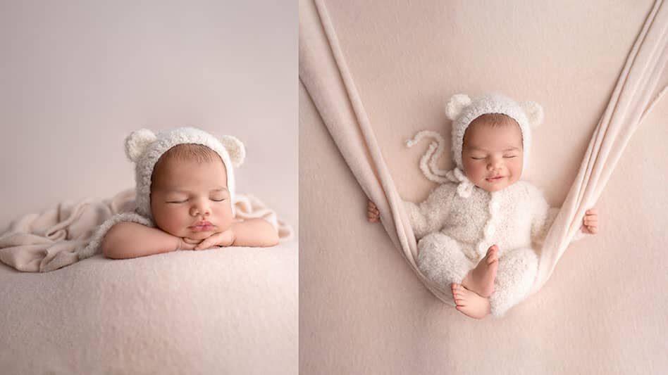 newborn-shooting-slide-3-bilderauswahl Süßes Baby liegt auf dem Bauch in einem niedlichen Kostüm auf taupefarbenem Hintergrund