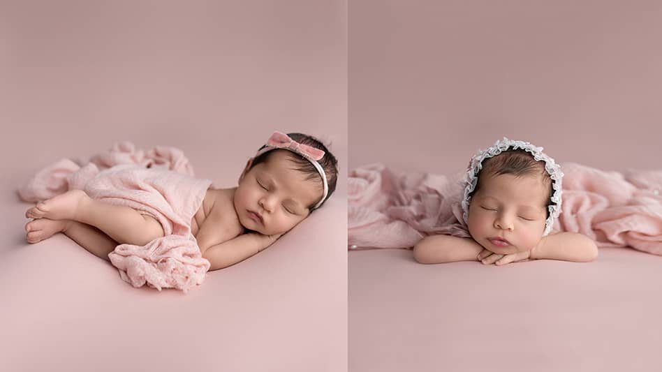 newborn-shooting-slide-4-lieferung Süßes Baby liegt auf dem Bauch in einem niedlichen Kostüm auf taupefarbenem Hintergrund